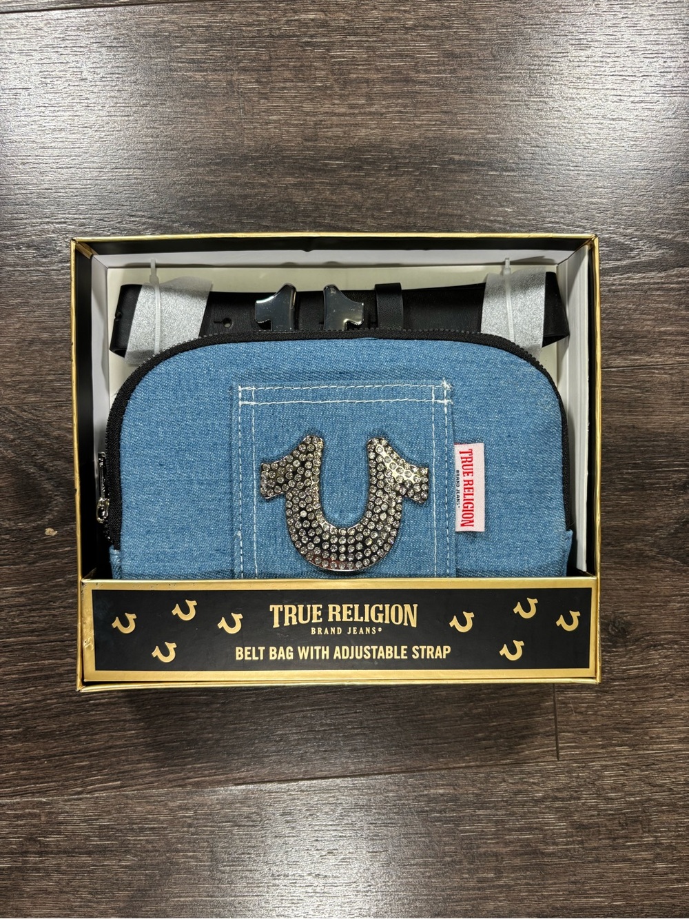True Religion Denim Blue Rhinestone Horseshoe Belt Bag